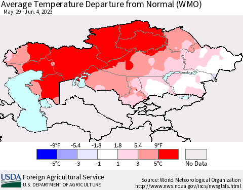 Kazakhstan Average Temperature Departure from Normal (WMO) Thematic Map For 5/29/2023 - 6/4/2023