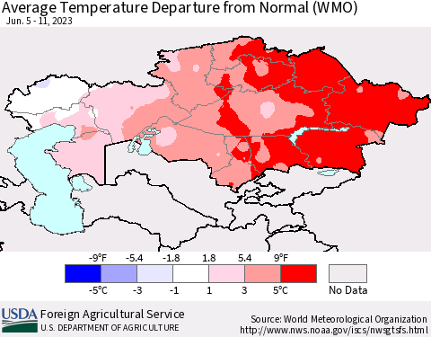 Kazakhstan Average Temperature Departure from Normal (WMO) Thematic Map For 6/5/2023 - 6/11/2023