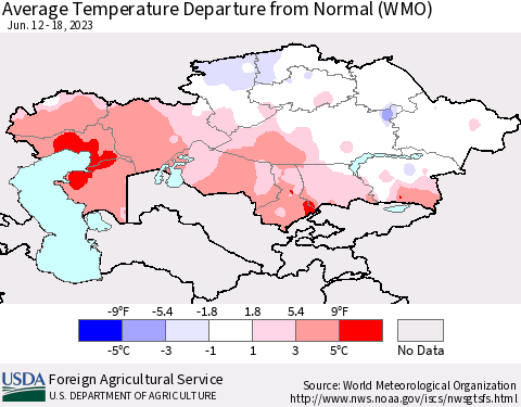 Kazakhstan Average Temperature Departure from Normal (WMO) Thematic Map For 6/12/2023 - 6/18/2023