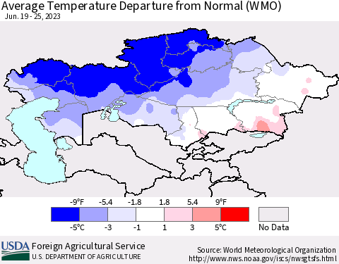 Kazakhstan Average Temperature Departure from Normal (WMO) Thematic Map For 6/19/2023 - 6/25/2023