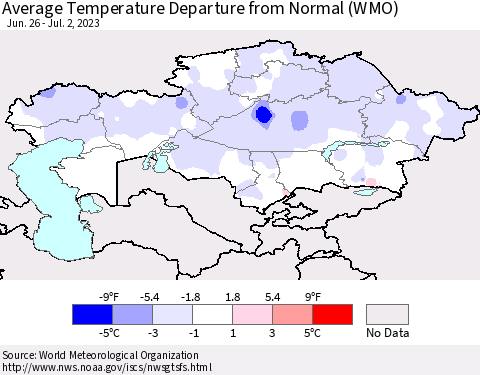 Kazakhstan Average Temperature Departure from Normal (WMO) Thematic Map For 6/26/2023 - 7/2/2023