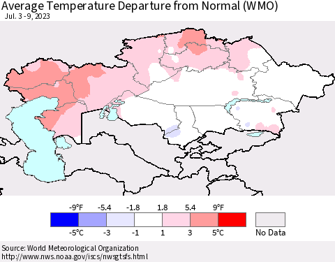 Kazakhstan Average Temperature Departure from Normal (WMO) Thematic Map For 7/3/2023 - 7/9/2023