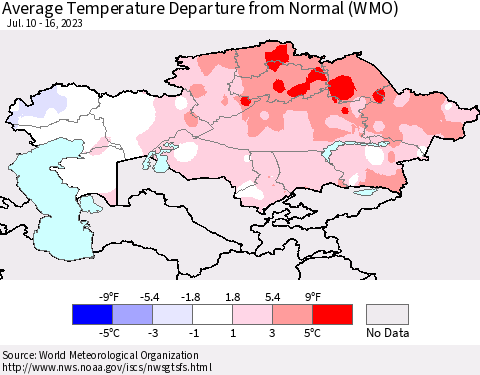 Kazakhstan Average Temperature Departure from Normal (WMO) Thematic Map For 7/10/2023 - 7/16/2023