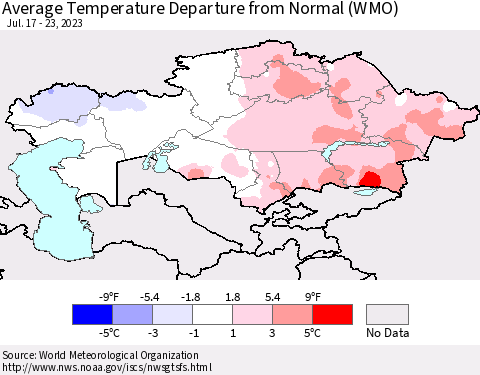 Kazakhstan Average Temperature Departure from Normal (WMO) Thematic Map For 7/17/2023 - 7/23/2023