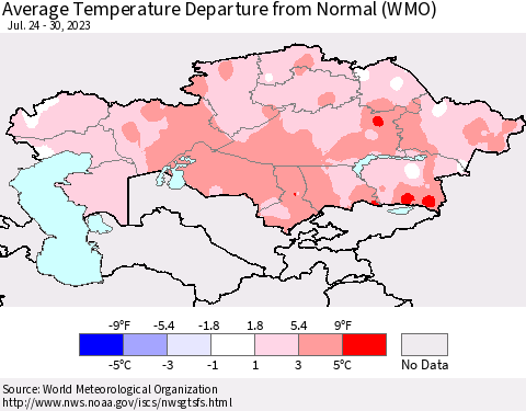 Kazakhstan Average Temperature Departure from Normal (WMO) Thematic Map For 7/24/2023 - 7/30/2023