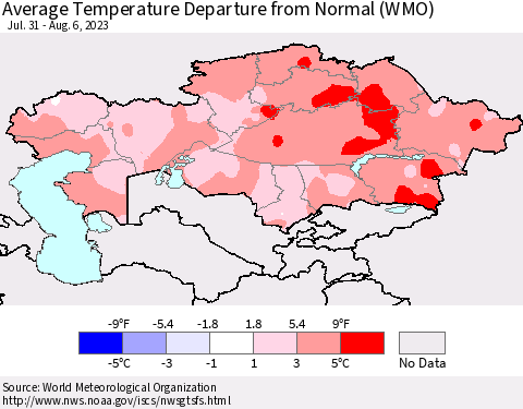 Kazakhstan Average Temperature Departure from Normal (WMO) Thematic Map For 7/31/2023 - 8/6/2023