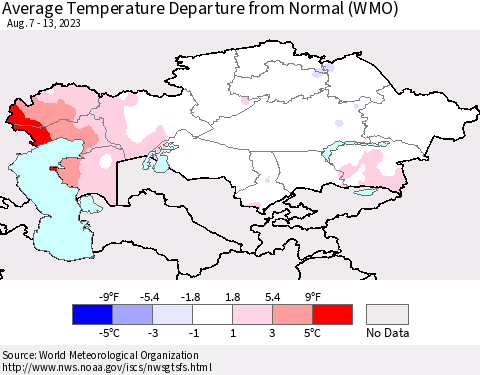 Kazakhstan Average Temperature Departure from Normal (WMO) Thematic Map For 8/7/2023 - 8/13/2023