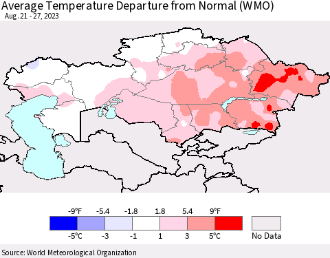Kazakhstan Average Temperature Departure from Normal (WMO) Thematic Map For 8/21/2023 - 8/27/2023