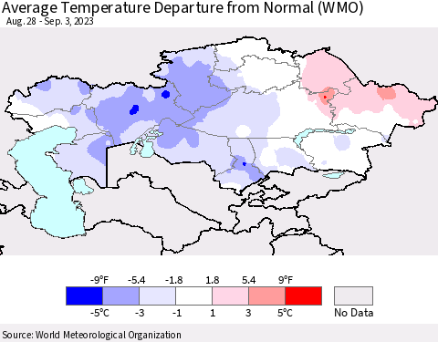Kazakhstan Average Temperature Departure from Normal (WMO) Thematic Map For 8/28/2023 - 9/3/2023