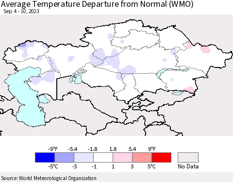 Kazakhstan Average Temperature Departure from Normal (WMO) Thematic Map For 9/4/2023 - 9/10/2023