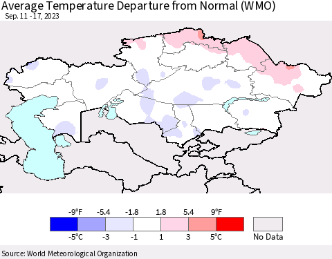 Kazakhstan Average Temperature Departure from Normal (WMO) Thematic Map For 9/11/2023 - 9/17/2023
