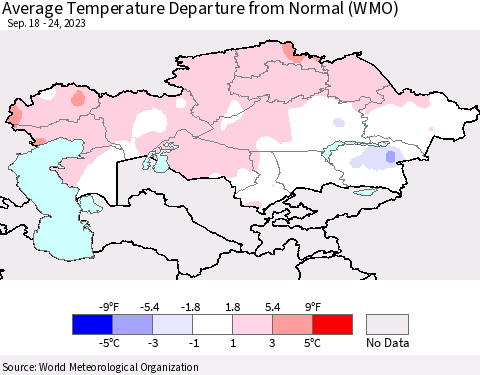 Kazakhstan Average Temperature Departure from Normal (WMO) Thematic Map For 9/18/2023 - 9/24/2023