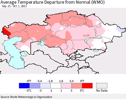Kazakhstan Average Temperature Departure from Normal (WMO) Thematic Map For 9/25/2023 - 10/1/2023