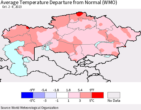 Kazakhstan Average Temperature Departure from Normal (WMO) Thematic Map For 10/2/2023 - 10/8/2023