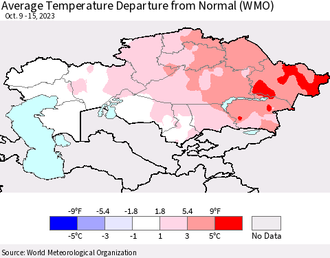 Kazakhstan Average Temperature Departure from Normal (WMO) Thematic Map For 10/9/2023 - 10/15/2023