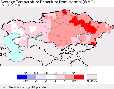 Kazakhstan Average Temperature Departure from Normal (WMO) Thematic Map For 10/16/2023 - 10/22/2023