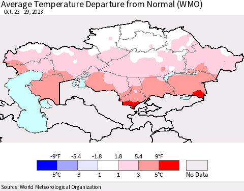 Kazakhstan Average Temperature Departure from Normal (WMO) Thematic Map For 10/23/2023 - 10/29/2023