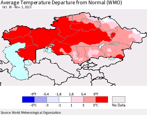 Kazakhstan Average Temperature Departure from Normal (WMO) Thematic Map For 10/30/2023 - 11/5/2023