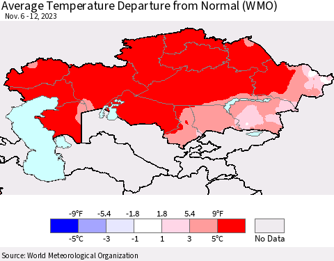 Kazakhstan Average Temperature Departure from Normal (WMO) Thematic Map For 11/6/2023 - 11/12/2023