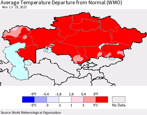 Kazakhstan Average Temperature Departure from Normal (WMO) Thematic Map For 11/13/2023 - 11/19/2023