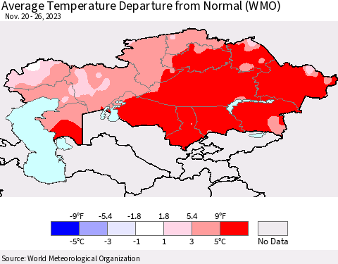 Kazakhstan Average Temperature Departure from Normal (WMO) Thematic Map For 11/20/2023 - 11/26/2023