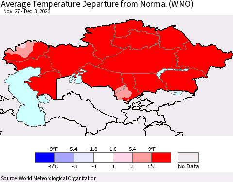 Kazakhstan Average Temperature Departure from Normal (WMO) Thematic Map For 11/27/2023 - 12/3/2023