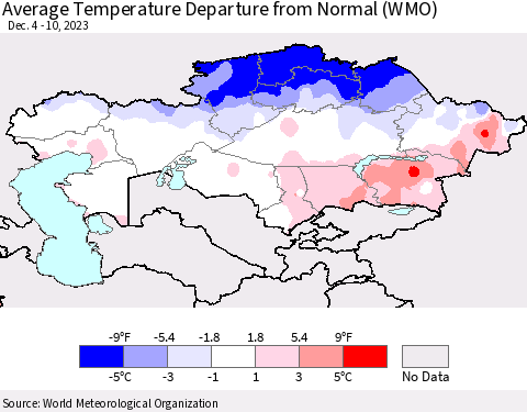 Kazakhstan Average Temperature Departure from Normal (WMO) Thematic Map For 12/4/2023 - 12/10/2023
