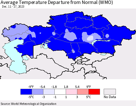 Kazakhstan Average Temperature Departure from Normal (WMO) Thematic Map For 12/11/2023 - 12/17/2023