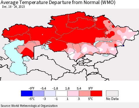 Kazakhstan Average Temperature Departure from Normal (WMO) Thematic Map For 12/18/2023 - 12/24/2023