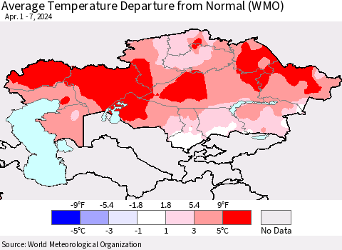 Kazakhstan Average Temperature Departure from Normal (WMO) Thematic Map For 4/1/2024 - 4/7/2024