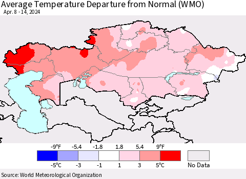 Kazakhstan Average Temperature Departure from Normal (WMO) Thematic Map For 4/8/2024 - 4/14/2024