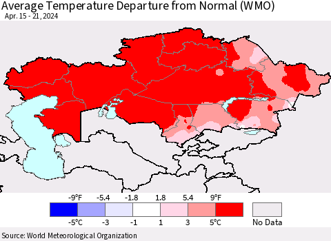 Kazakhstan Average Temperature Departure from Normal (WMO) Thematic Map For 4/15/2024 - 4/21/2024