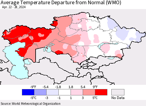 Kazakhstan Average Temperature Departure from Normal (WMO) Thematic Map For 4/22/2024 - 4/28/2024