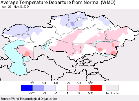 Kazakhstan Average Temperature Departure from Normal (WMO) Thematic Map For 4/29/2024 - 5/5/2024