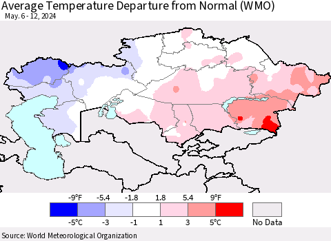 Kazakhstan Average Temperature Departure from Normal (WMO) Thematic Map For 5/6/2024 - 5/12/2024