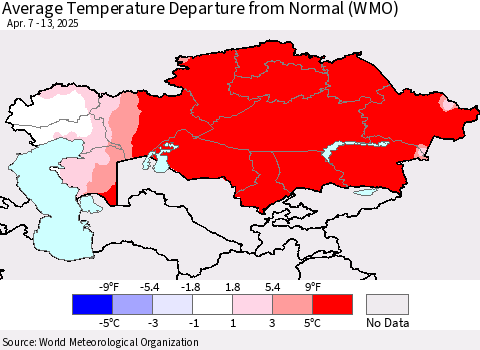 Kazakhstan Average Temperature Departure from Normal (WMO) Thematic Map For 4/7/2025 - 4/13/2025