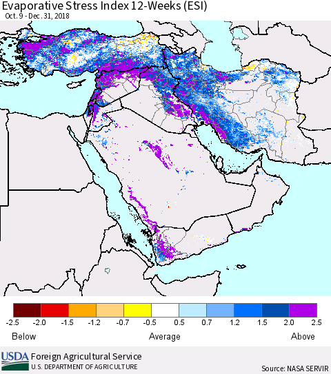 Middle East and Turkey Evaporative Stress Index (ESI), 12-Weeks Thematic Map For 12/31/2018 - 1/6/2019