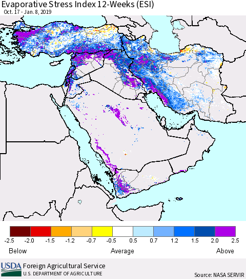 Middle East and Turkey Evaporative Stress Index (ESI), 12-Weeks Thematic Map For 1/7/2019 - 1/13/2019