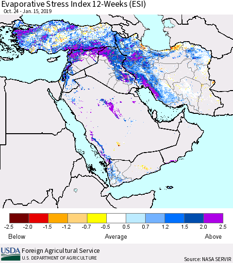 Middle East and Turkey Evaporative Stress Index (ESI), 12-Weeks Thematic Map For 1/14/2019 - 1/20/2019