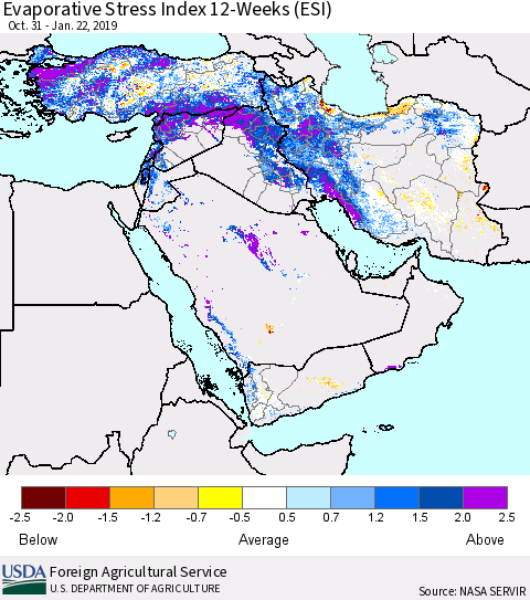 Middle East and Turkey Evaporative Stress Index (ESI), 12-Weeks Thematic Map For 1/21/2019 - 1/27/2019