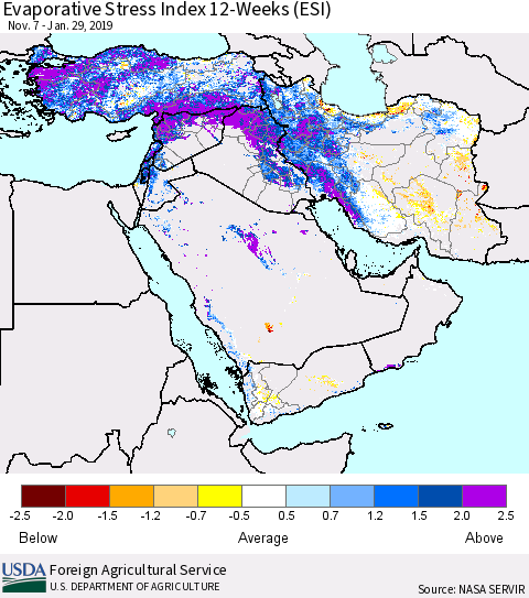 Middle East and Turkey Evaporative Stress Index (ESI), 12-Weeks Thematic Map For 1/28/2019 - 2/3/2019