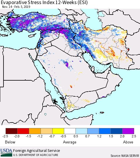 Middle East and Turkey Evaporative Stress Index (ESI), 12-Weeks Thematic Map For 2/4/2019 - 2/10/2019