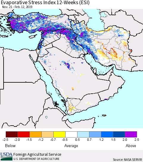 Middle East and Turkey Evaporative Stress Index (ESI), 12-Weeks Thematic Map For 2/11/2019 - 2/17/2019