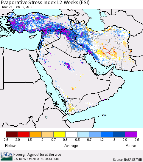 Middle East and Turkey Evaporative Stress Index (ESI), 12-Weeks Thematic Map For 2/18/2019 - 2/24/2019