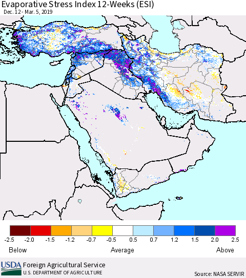 Middle East and Turkey Evaporative Stress Index (ESI), 12-Weeks Thematic Map For 3/4/2019 - 3/10/2019