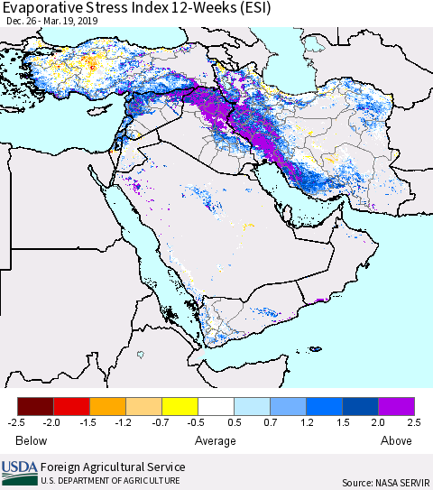 Middle East and Turkey Evaporative Stress Index (ESI), 12-Weeks Thematic Map For 3/18/2019 - 3/24/2019