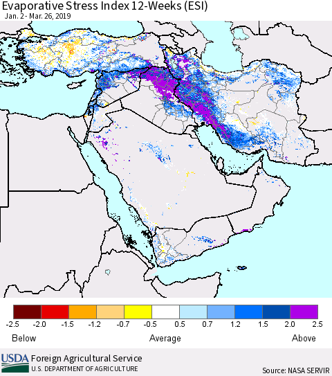 Middle East and Turkey Evaporative Stress Index (ESI), 12-Weeks Thematic Map For 3/25/2019 - 3/31/2019