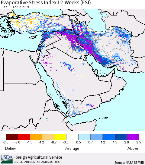 Middle East and Turkey Evaporative Stress Index (ESI), 12-Weeks Thematic Map For 4/1/2019 - 4/7/2019