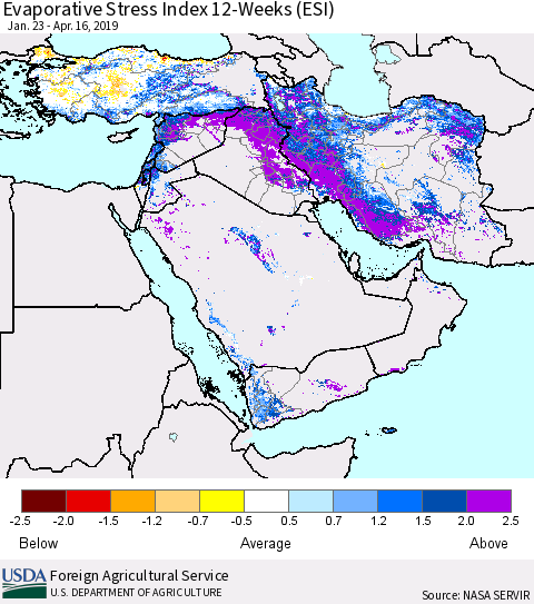 Middle East and Turkey Evaporative Stress Index (ESI), 12-Weeks Thematic Map For 4/15/2019 - 4/21/2019