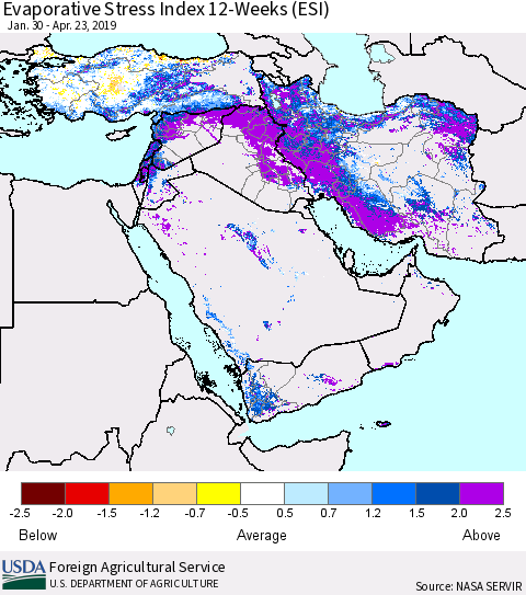 Middle East and Turkey Evaporative Stress Index (ESI), 12-Weeks Thematic Map For 4/22/2019 - 4/28/2019